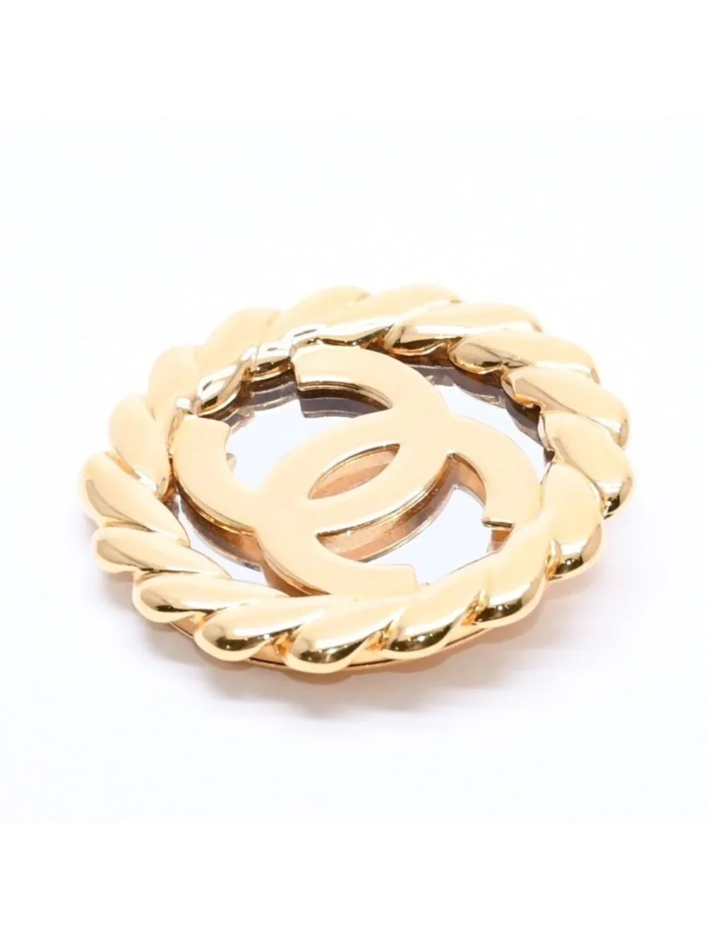 Chanel CC Logo Vintage Rope Edge Brooch 2 Gold Plated